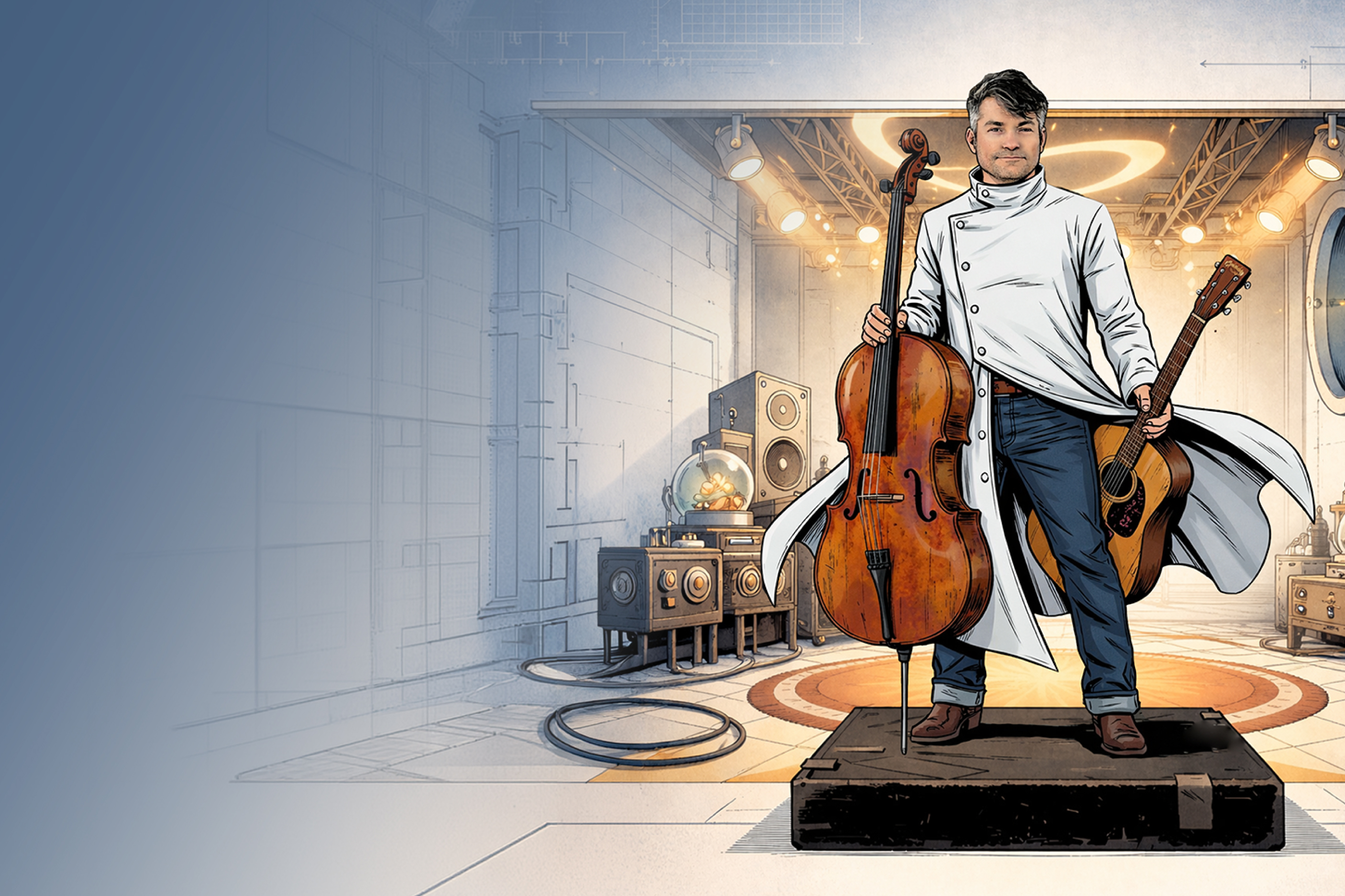 John Pointer standing with cello and guitar in the Performance Lab artwork